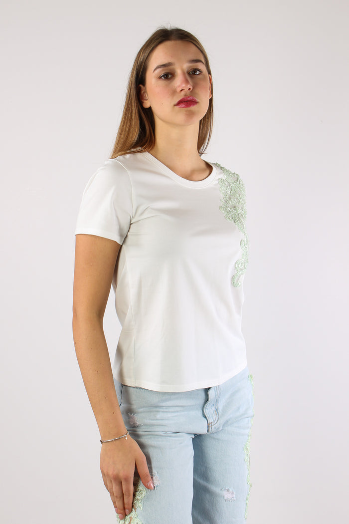 T-shrit Inserto Pizzo Paillettes Bianco-7