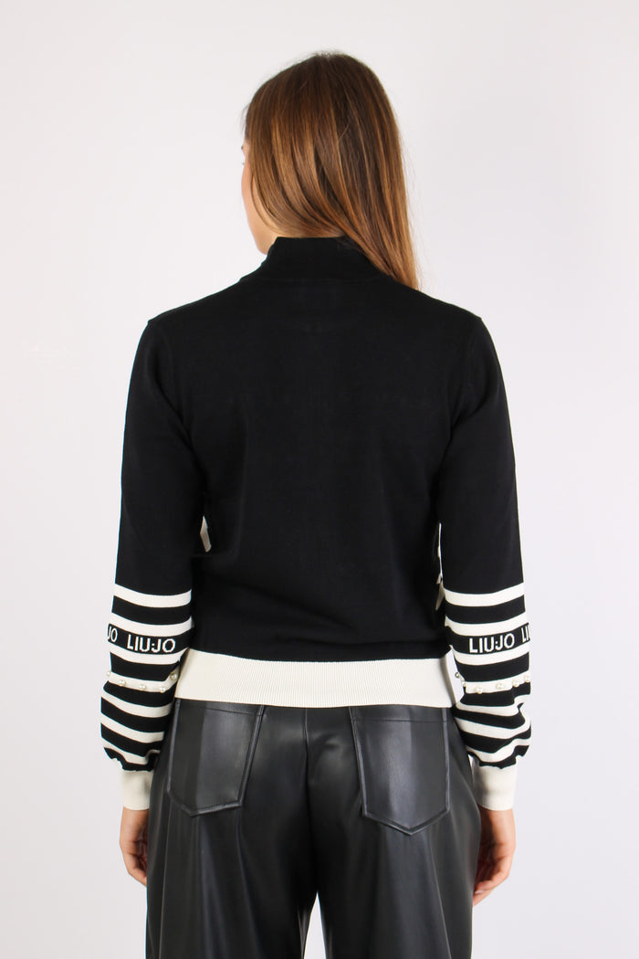 Maglia Zip Riga Inserto Perle Nero/bianco-5
