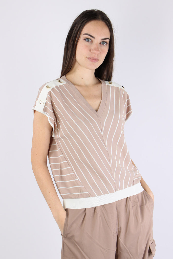 Maglia Scollo V Bottoni Riga Almond/white-7