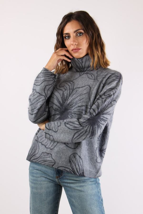 Maglia Collo Alto Floreale Grigio/blu