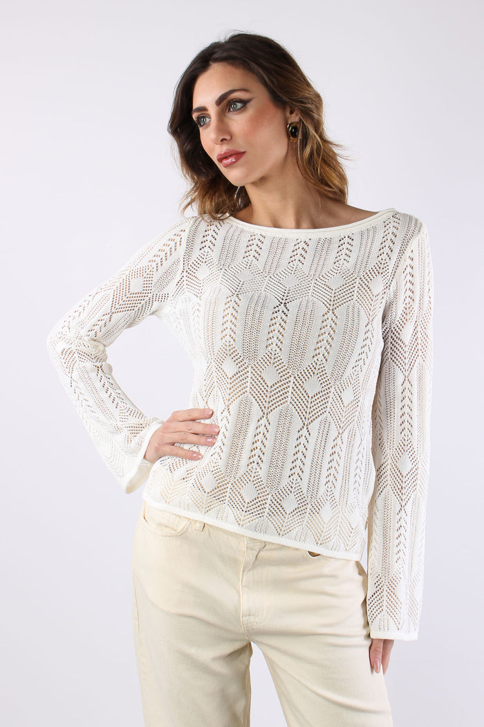 Maglia Macrame Manica Lunga Bianco Lana-7