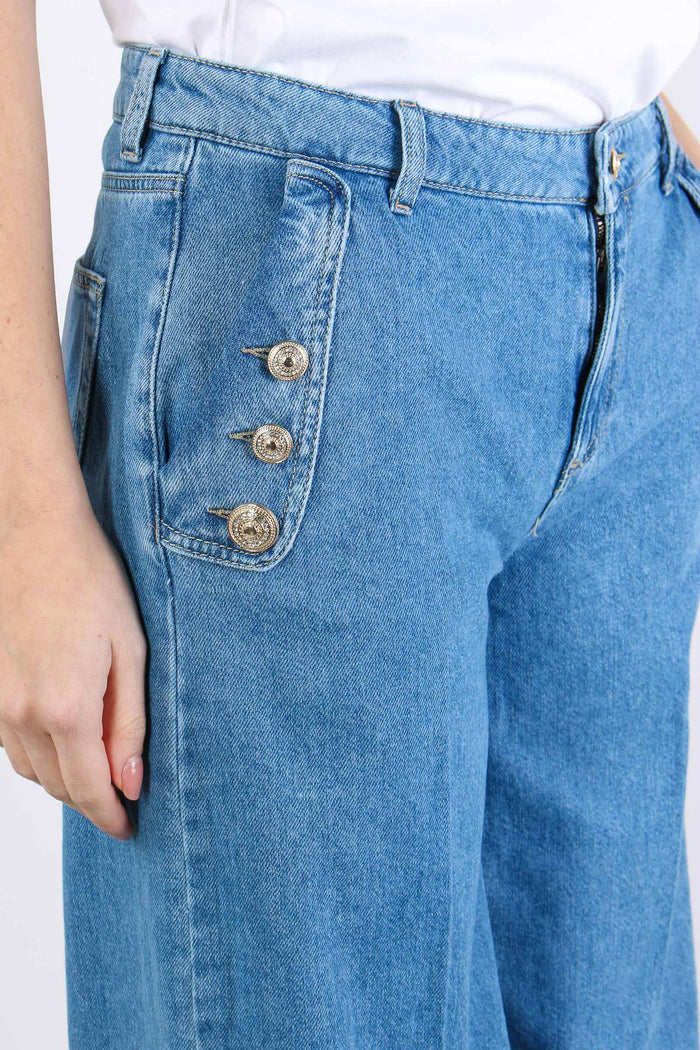 Jeans Flare Bottoni Strass Denim Chiaro-6