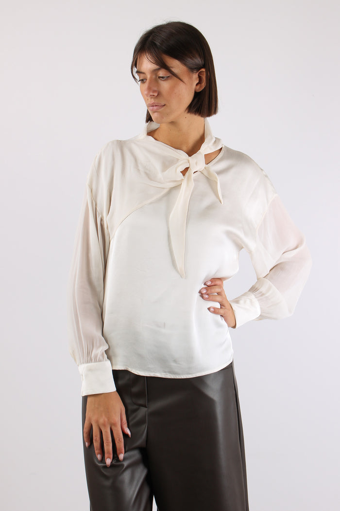 Blusa Bimateriale Fiocco Panna-3