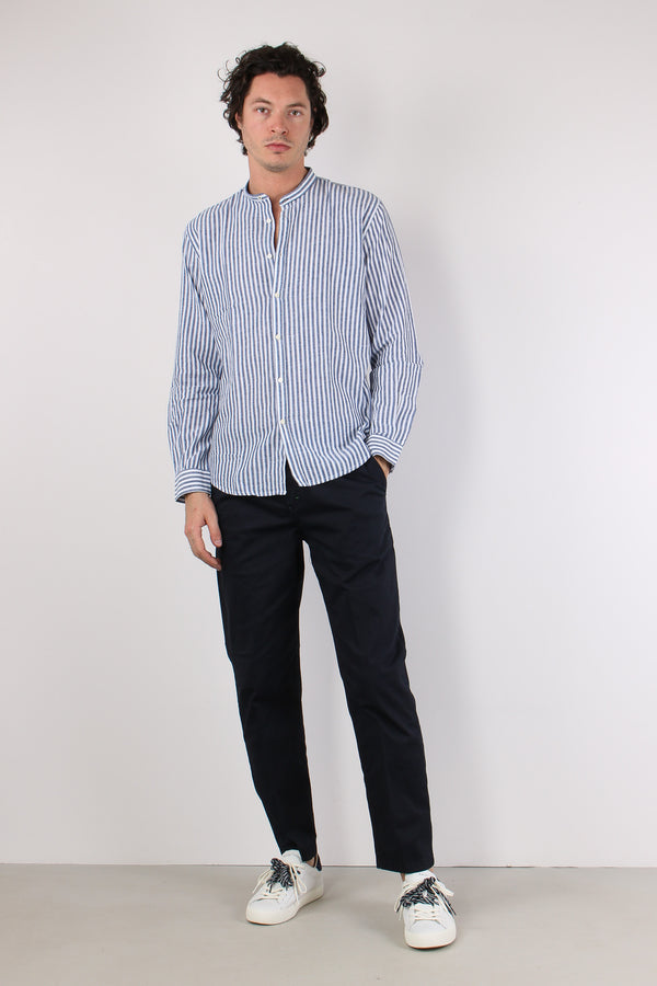 Camicia Coreana Lino Riga Blu Navy-2