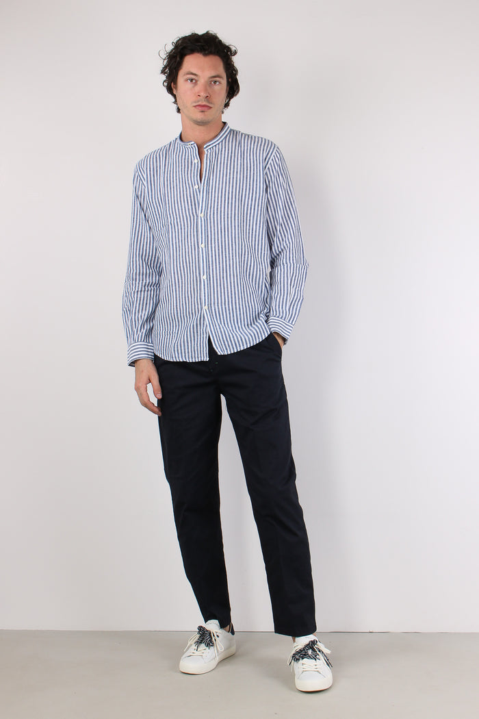 Camicia Coreana Lino Riga Blu Navy-2
