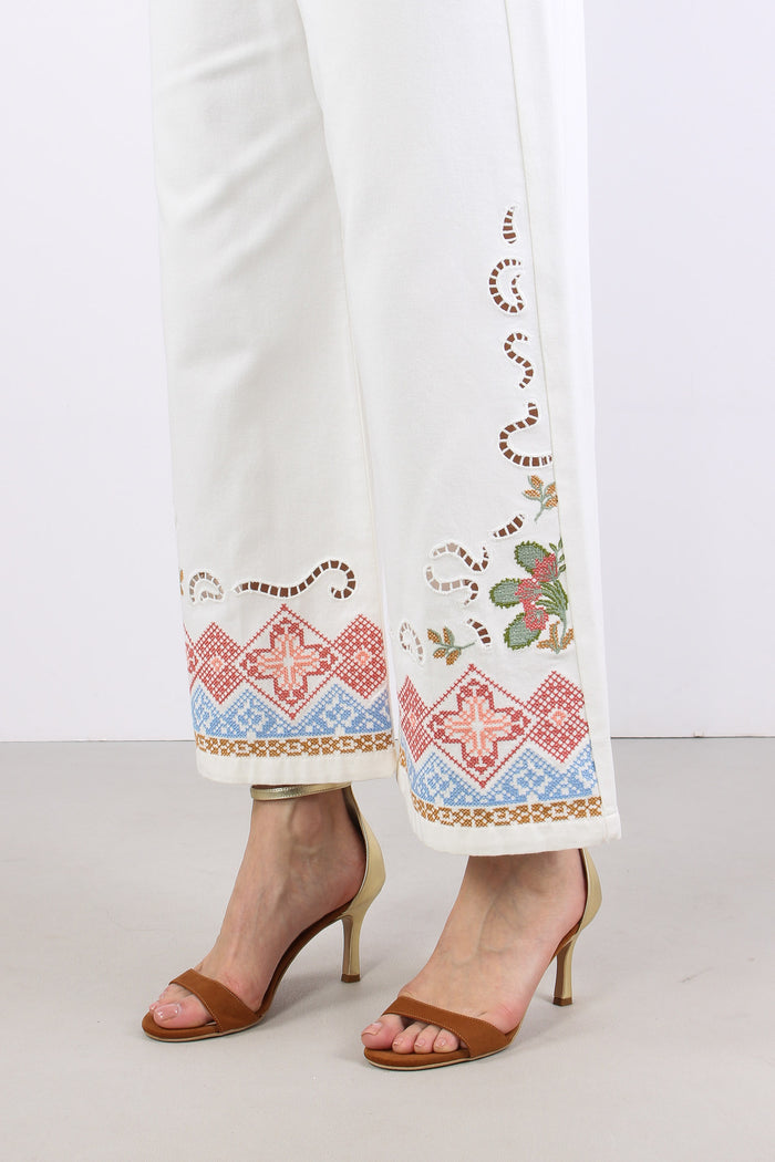 Adunco Pantalone Fondo Ricami Off White-7