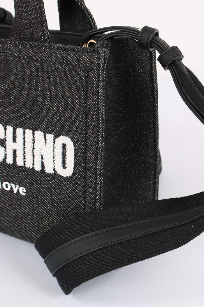 Mini Shopping Effetto Denim Denim Nero-5
