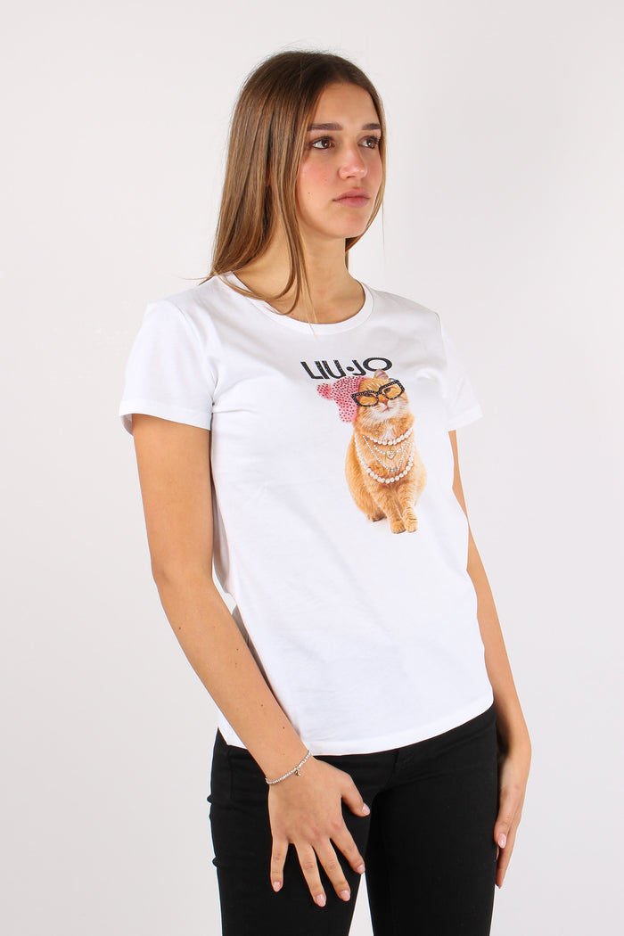 T-shirt Slim Stampa Gatto Bianco/cat-6