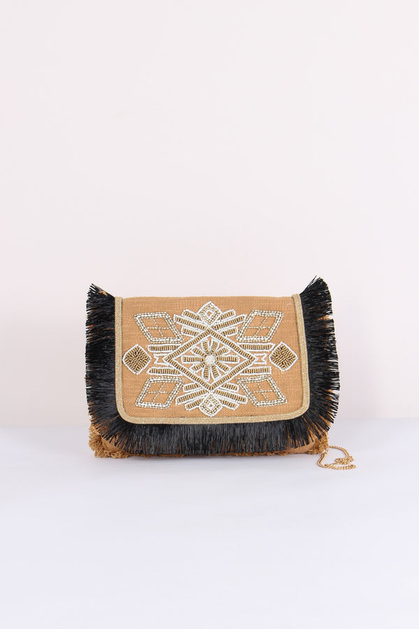 Pochette Ricami Frange Camel
