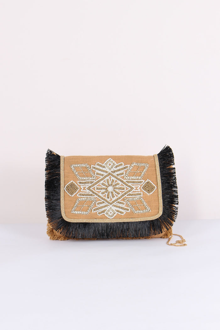 Pochette Ricami Frange Camel