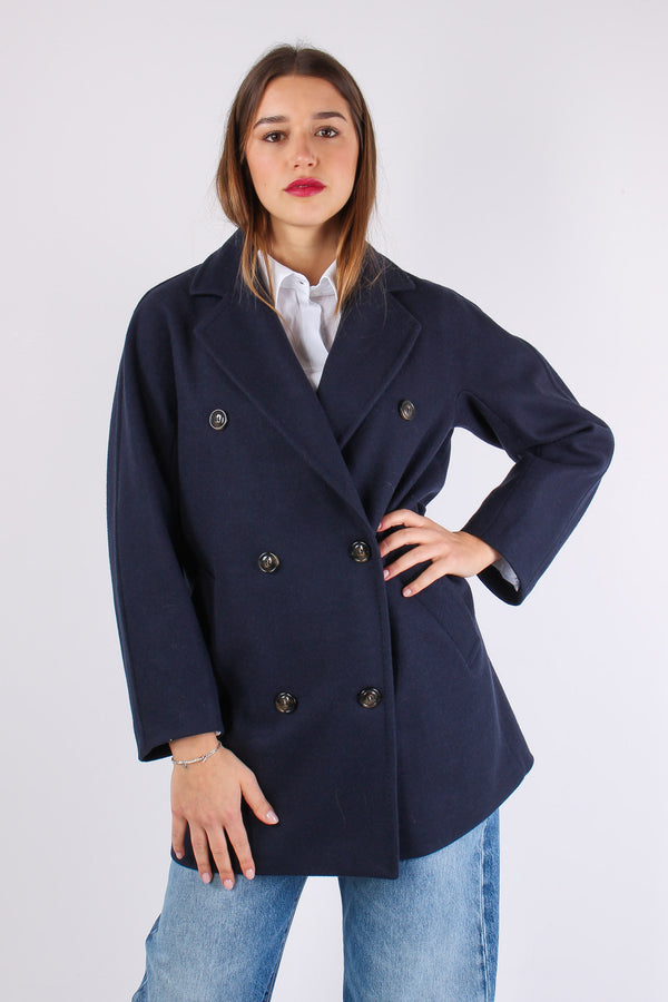 Cappotto Doppiopetto Misto Lan Blu-2