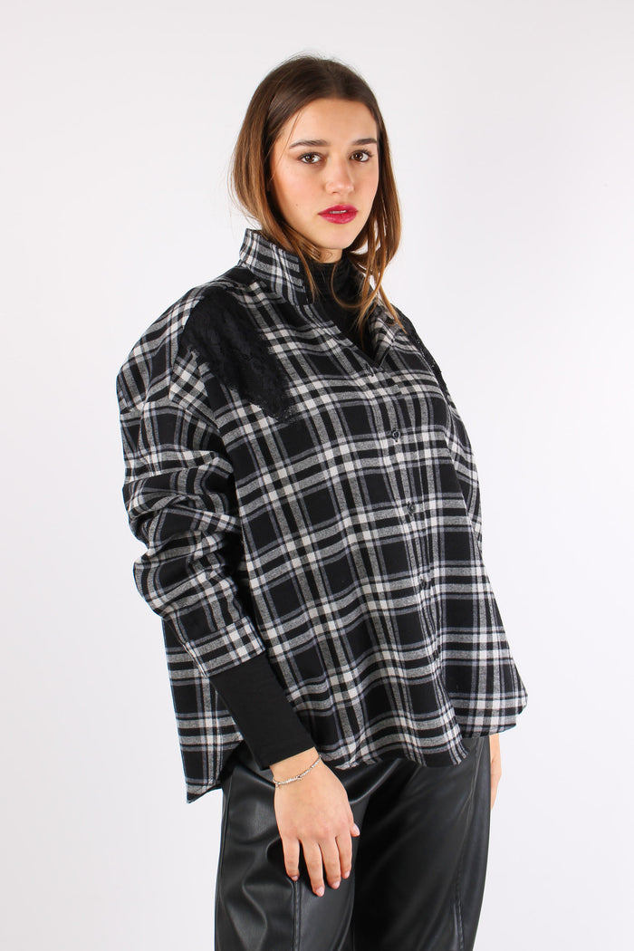 Camicia Quadri Inserto Pizzo Panna/nero-8