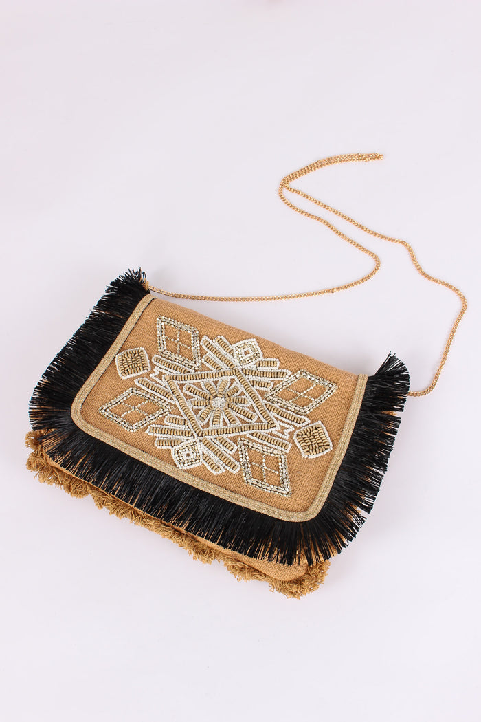 Pochette Ricami Frange Camel-3
