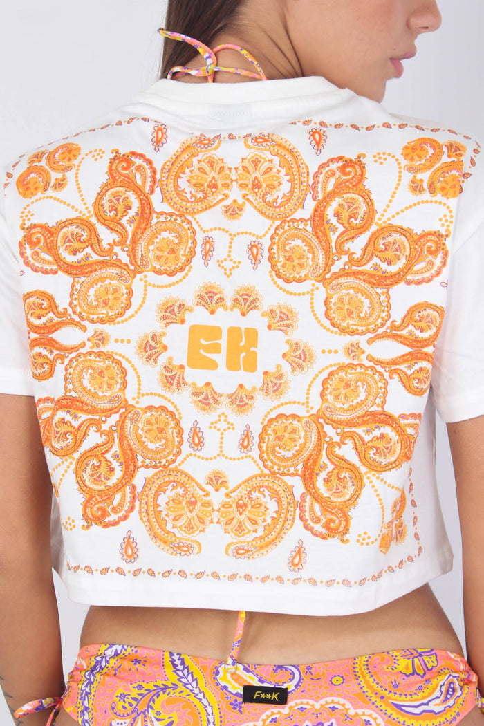 T-shirt Crop Stampa Cachemire Bianco/arancione-8