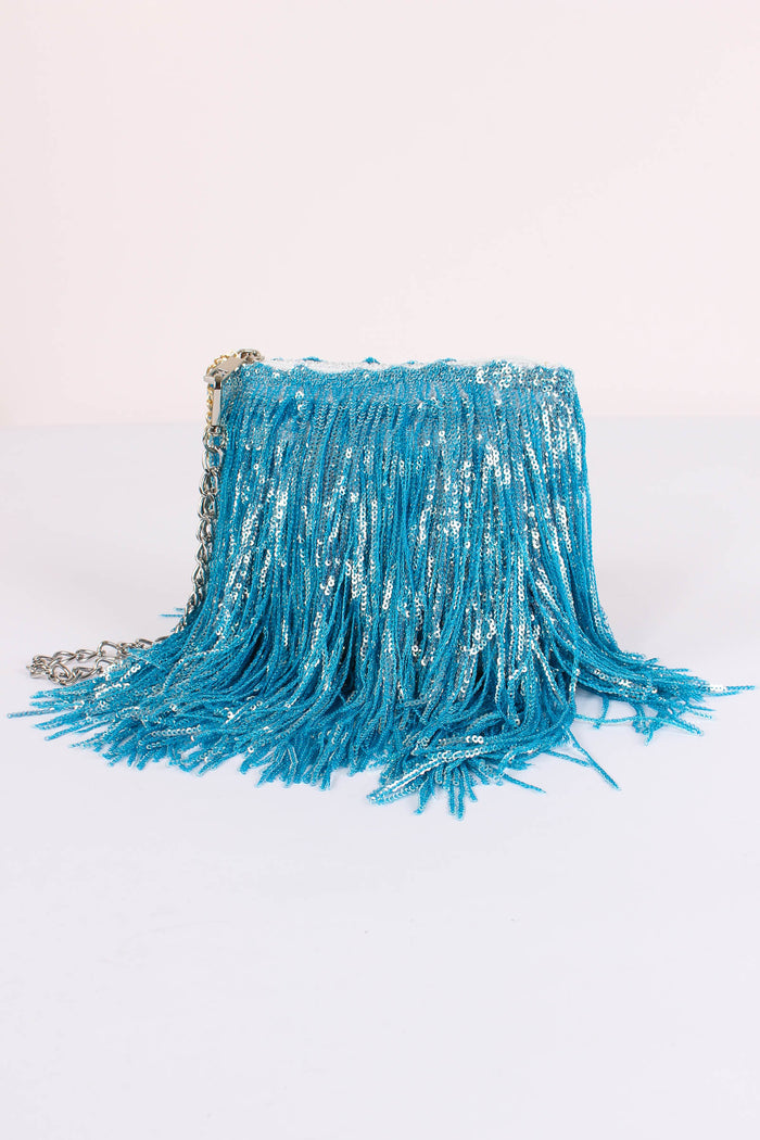 Pochette Paillettes Frange Torquoise-4