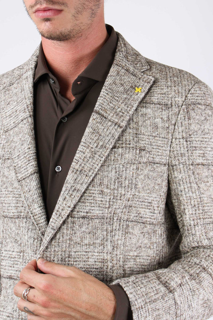 Giacca Lana Maxi Qaudri Panna/grigio-8