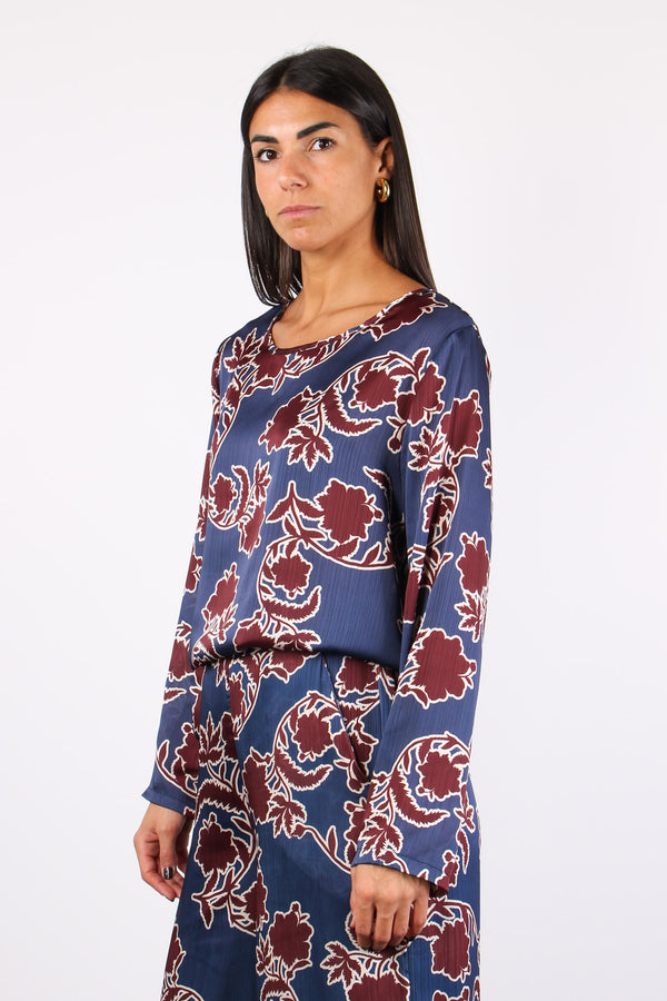 Blusa Raso Crepe Fantasia Bordeaux/royal-2