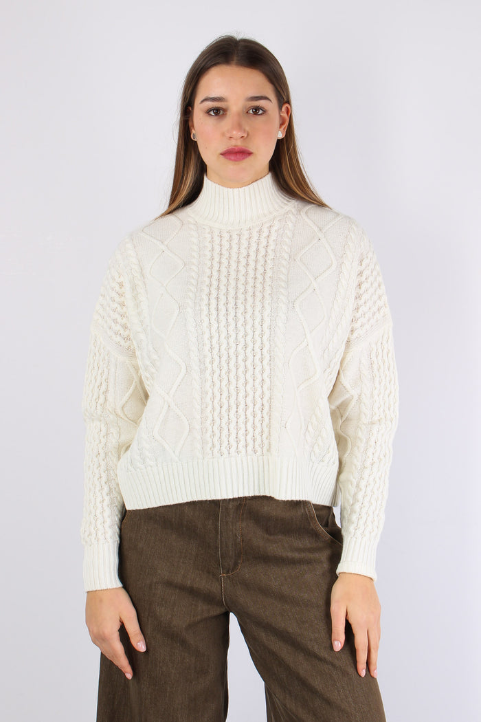 Maglia Collo Alto Treccia Panna-2