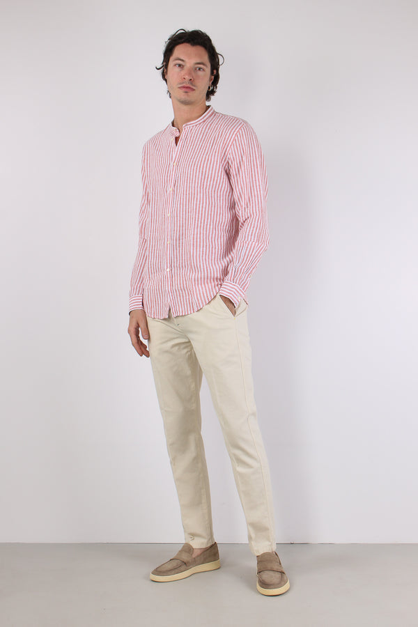 Camicia Coreana Lino Riga Corallo-2