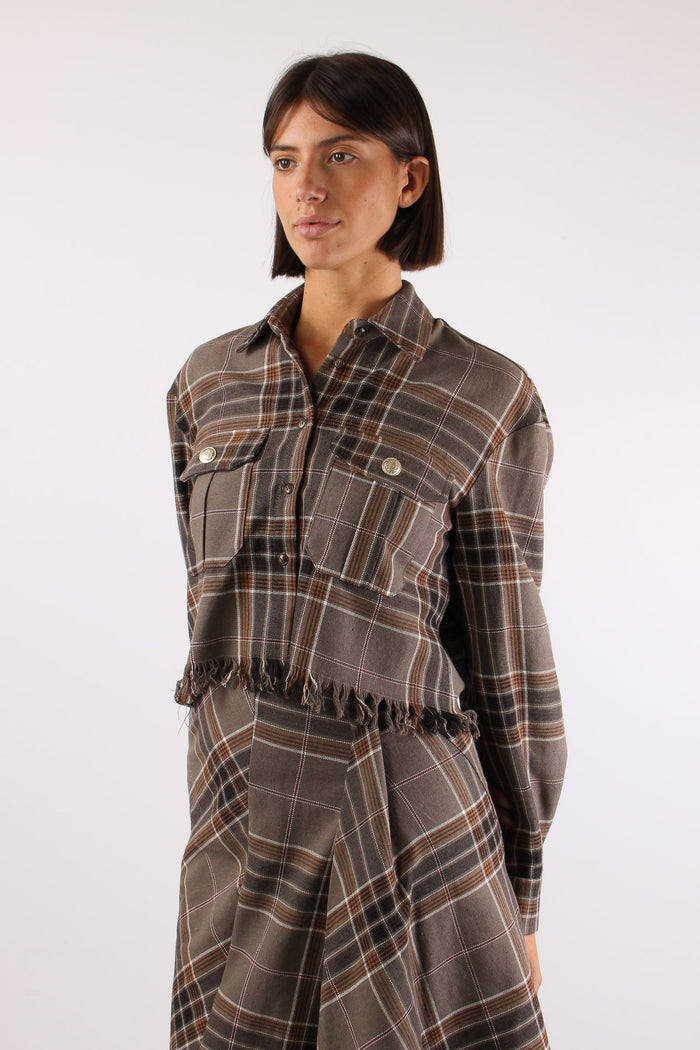 Camicia Corta Check Sfrangiata Tortora-3