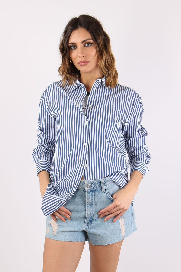 Camicia Cotone Riga Ricamo Schiena Bianco/blu-2