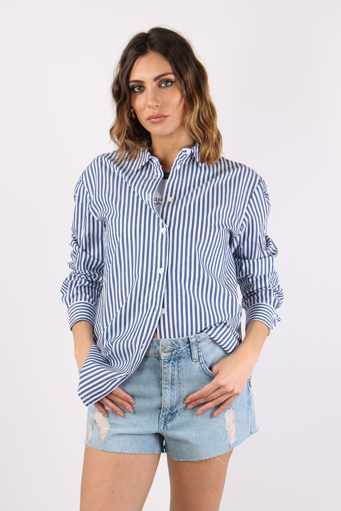 Camicia Cotone Riga Ricamo Schiena Bianco/blu-2