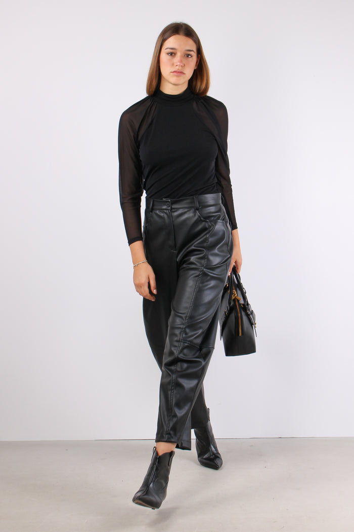 Top Bimateriale Manica Ampia Nero-6