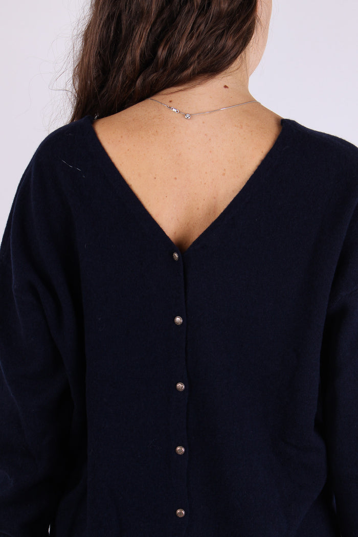 Maglia Scollo V Bottoni Schiena Blu Notte-8