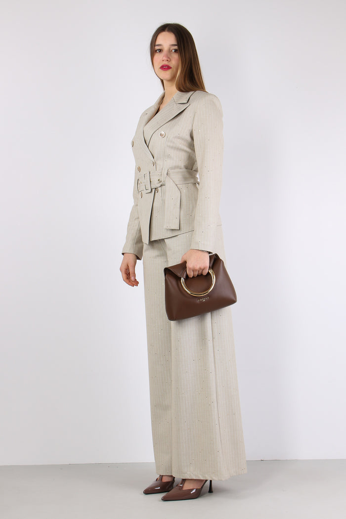 Pantalone Gessato Paillettes Beige