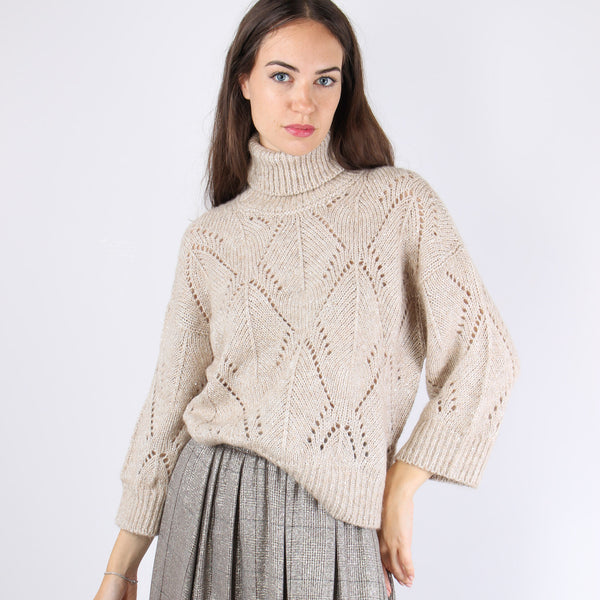 Maglia Collo Alto Traforata Panna-2