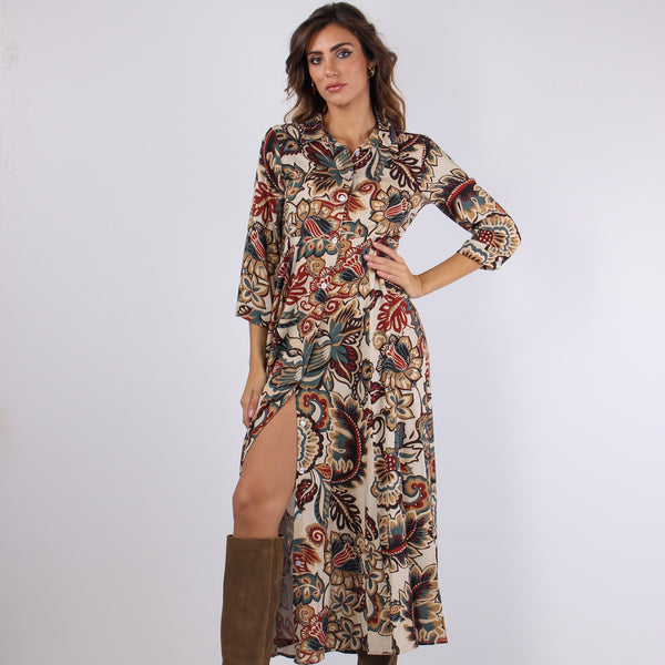 Abito Lungo Viscosa Fantasia Ottanio/bordeaux-2