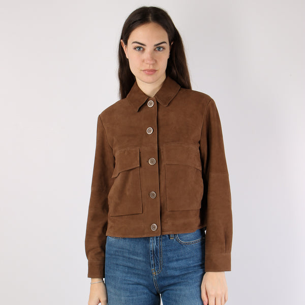 Giubbotto Corto Pelle Tasche Applicate Marron Glace-2