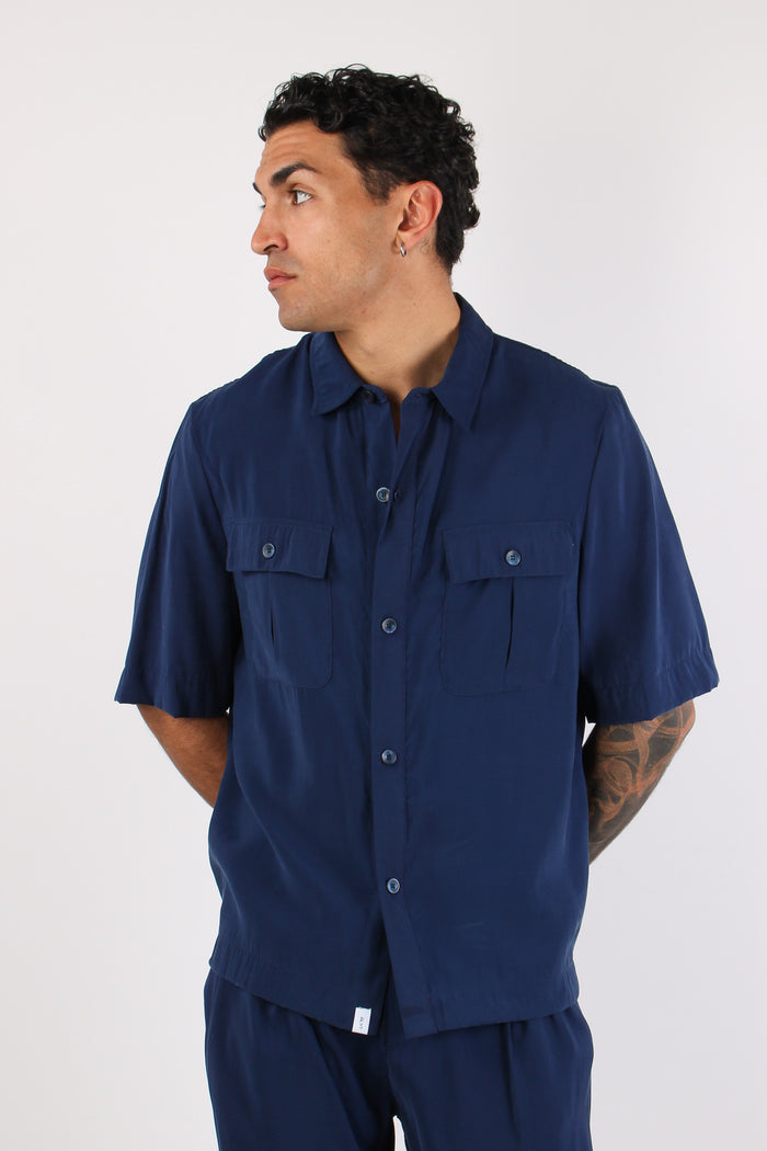 Banana Camicia Tasche Cupro Blu-2