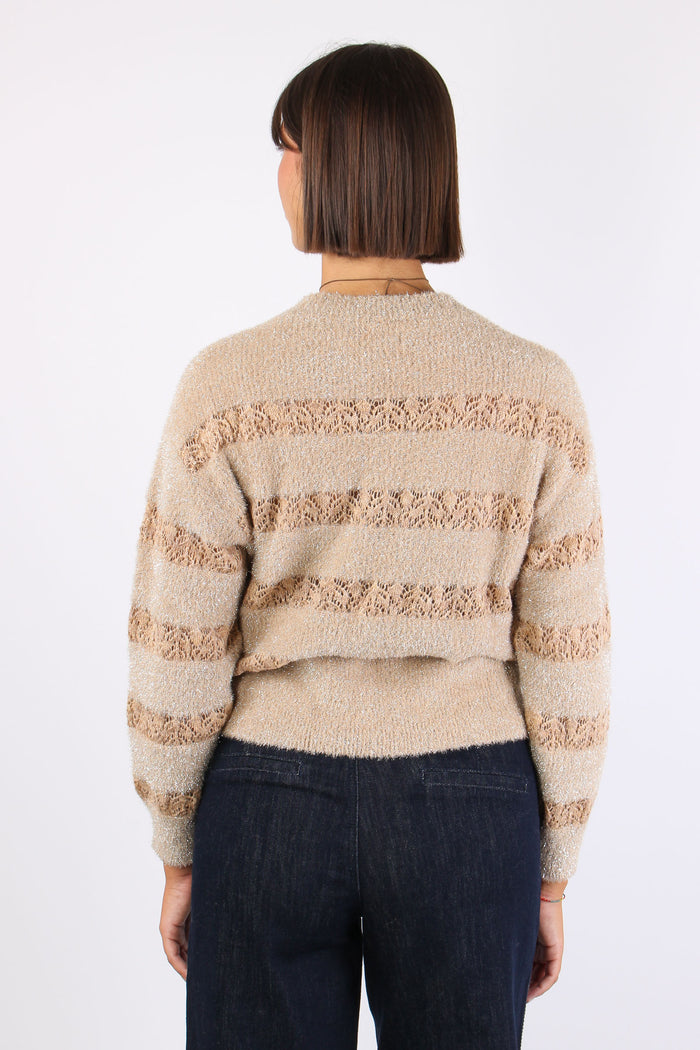 Maglia Riga Lurex Inserto Pizzo Crema-5