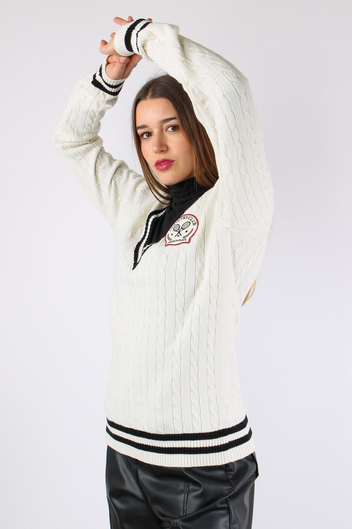 Maglia Treccia Scavo V Bianco Burro-4