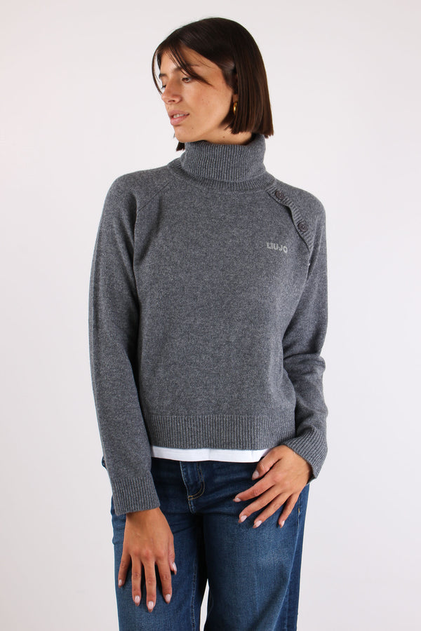 Collo Alto Inserto T-shirt Grigio Melange-2