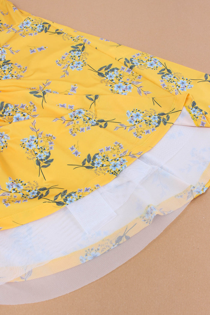 Abito Scollo V Fantasia Fiori Giallo-10