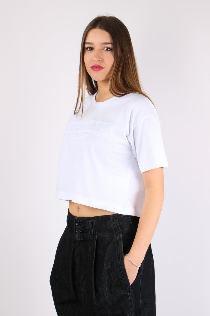 T-shirt Crop Logo Tono Su Tono Bianco-6