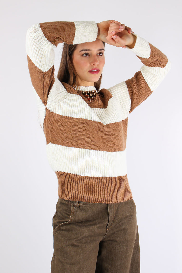 Maglia Riga Paillettes Panna/cammello-8