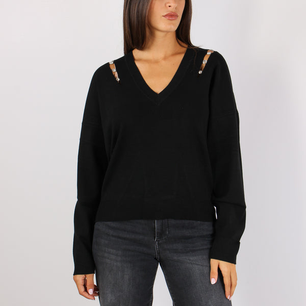 Maglia Scavo V Inserto Strass Nero-2