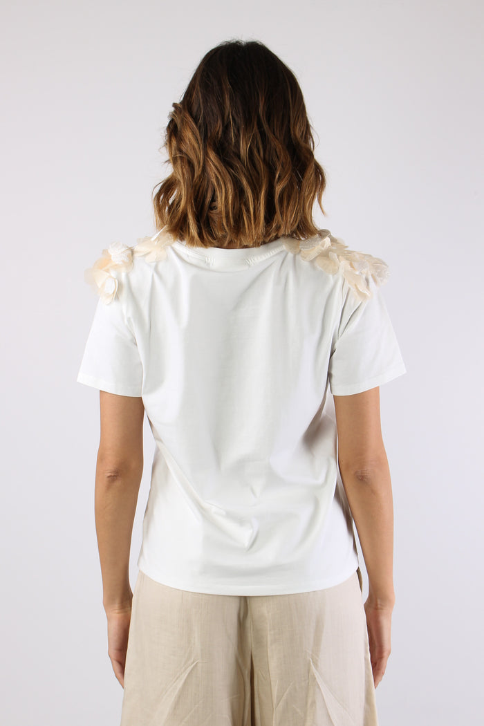 T-shir Applicazione Fiore Spalla Bianco-6