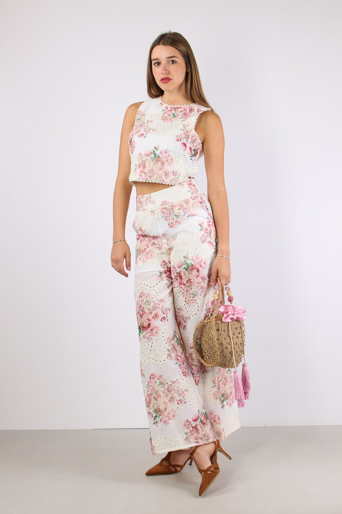 Pantalone Sangallo Fantasia Fiori Bianco/rosa-5