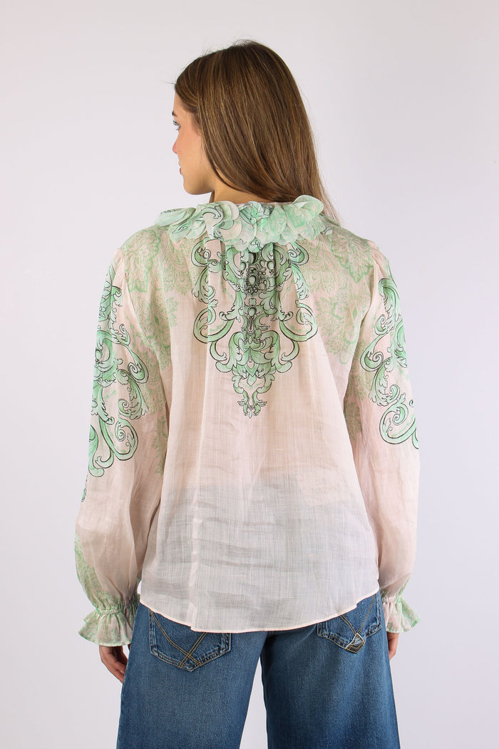 Camicia Lino Fantasia Inserto Nappine Crema/verde-8