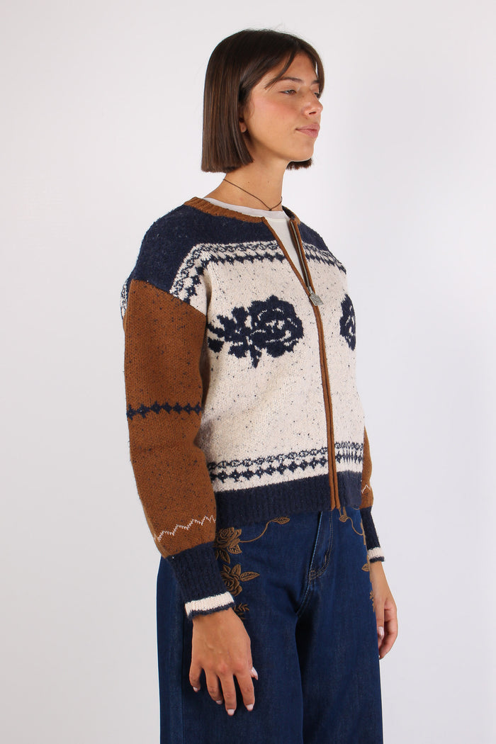 Cardigan Zip Jacquard Cammello/blu-6