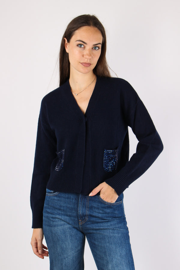 Cardigan Tasche Strass Blu