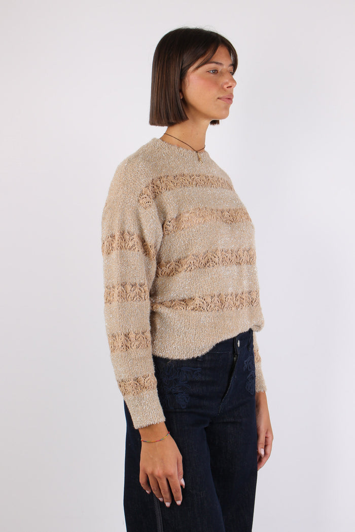 Maglia Riga Lurex Inserto Pizzo Crema-6