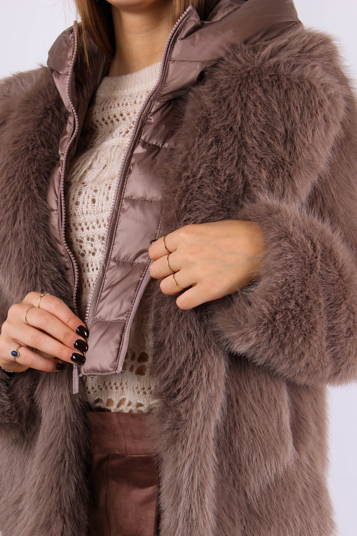 Giubbotto Pelliccia Cappuccio Taupe-10