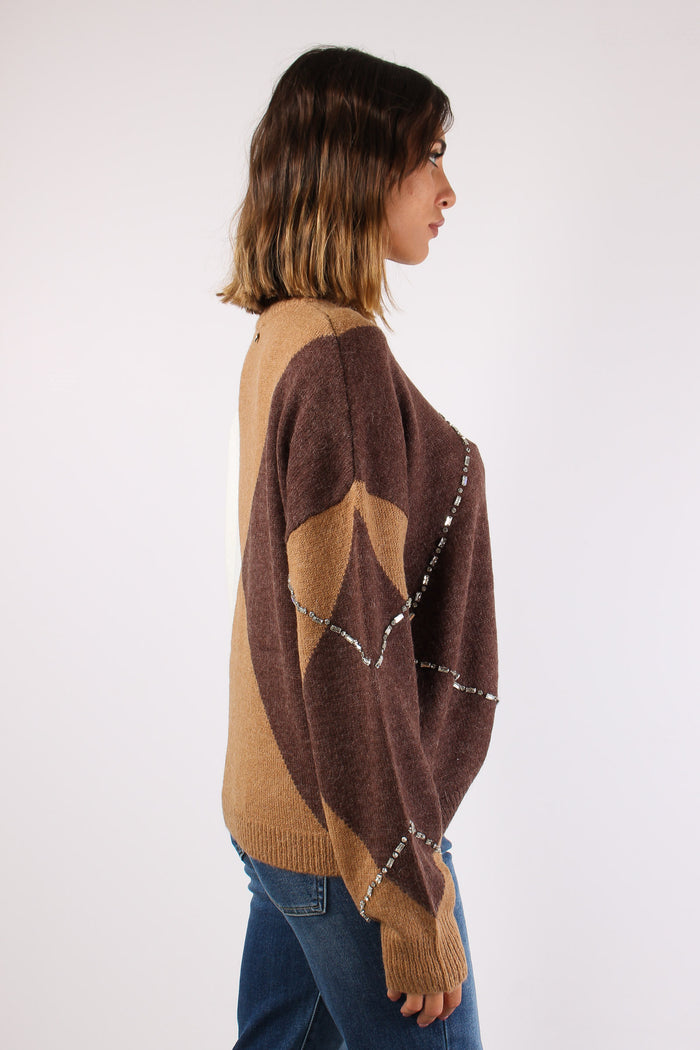 Maglia Maxi Rombi Inserto Strass Camel-6
