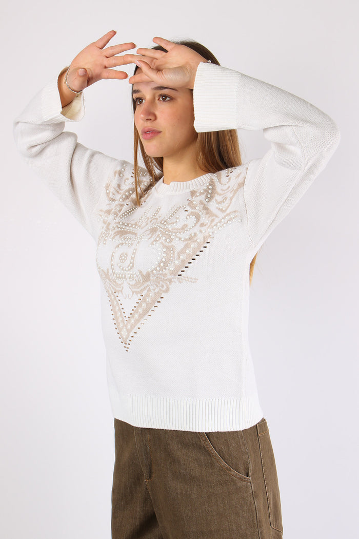 Maglia Inserto Perle Logo Bianco Latte-5