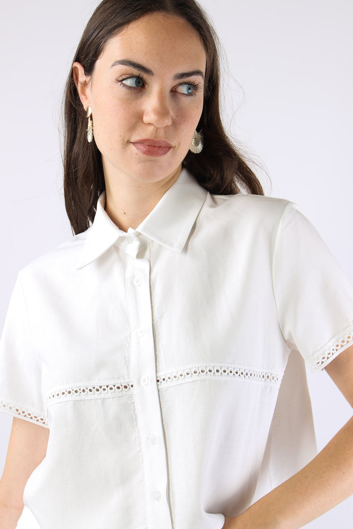 Camicia Corta Inserto Macrame Bianco-7